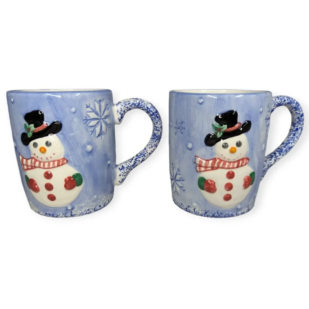 Vintage Lotus Pottery Handpainted Blue 3D Snowman Ceramic Mugs 1998 Set of 2